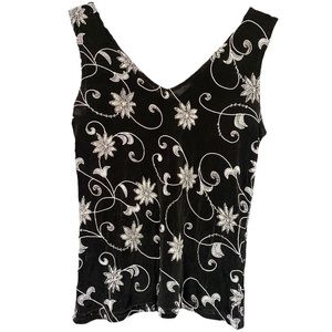 ONYX Sleeveless fitted black and silver floral top‎